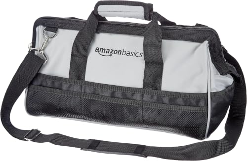 Image of Amazon Basics Durable Wear-Resistant Tool Storage Bag with Adjustable Shoulder Strap,Portable Tool Organizer,16 in,Black & Grey,(Pack of 8)