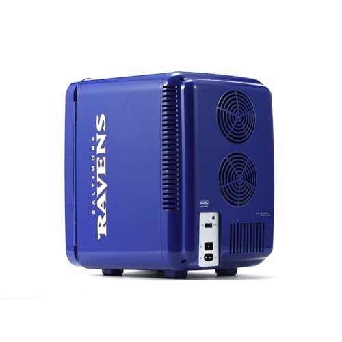 Image of Ukonic NFL Baltimore Ravens 15-Can Mini Fridge 10L - AC /DC Powered, Official Team Colors & Logo, Portable Cooler for Tailgates, Home, Office, or Car