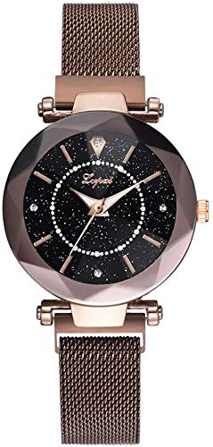 Damenuhr Quarzuhr Sternenhimmel Uhr mit rundem Zifferblatt eingefasst Strass mit magnetischer Schnalle Armband für Elegante Frauen, Braun