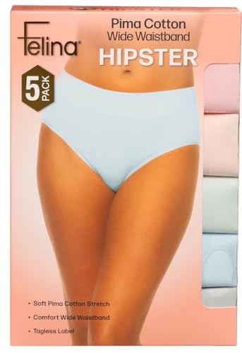 Image of Felina Womens 5 Pack Pima Cotton Wide Waistband Hipster