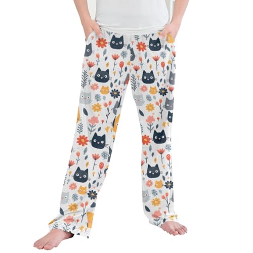 Cute Cat Flowers Long Pajama Pants Elastic Waist PJ Bottoms with Pockets S A111885