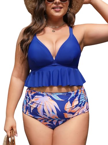 CUPSHE Damen Große Größen Tankini Set V Ausschnitt High Waist Tropical Print Rüschen Bauchweg Zweiteiliger Badeanzug Plus Size Curvy Bademode Swimsuit Königsblau/Tropisch 2X=XXL