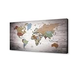 Baisuwallart B0650 1 Piece Vintage World Map Wall Art on Rustic Wood Background, Large Detailed World Travel Map Canvas Print, Antique Map of the World Poster for Home Office Living Room Decor