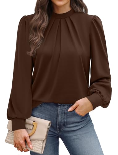 Image of WIHOLL Long Sleeve Shirts for Women Mock Neck Tops Pleated Front Blouses Dressy Casual Spring Fall Clothes 2026 Fashion