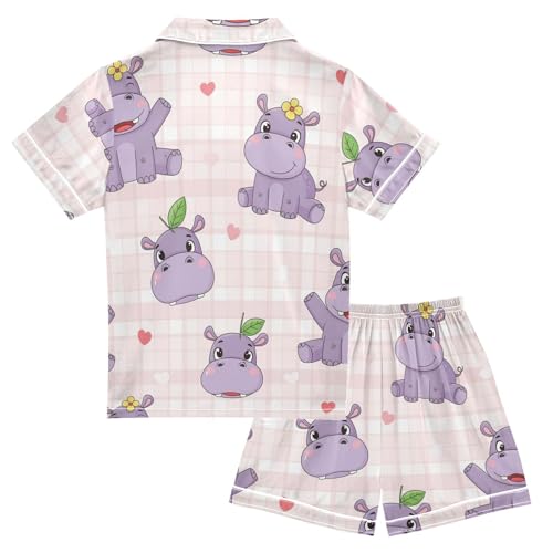 Satin Pajama Sets Short Sleeve Cute Hippo Pattern Design Button Down Silky Nightwear 2 Piece PJS 5-14Y2