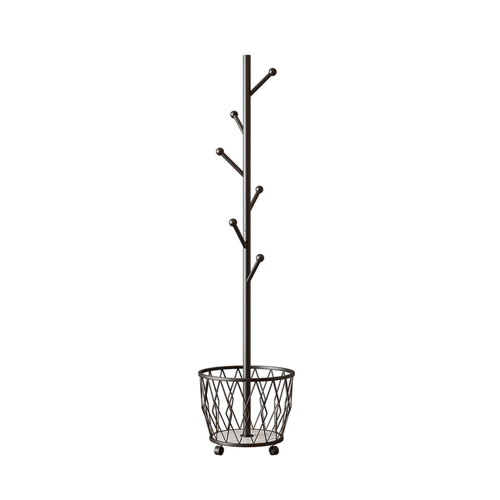 FGXHHS Freestanding Coat Rack with Basket, Modern Standing Hanger for Scarf, Jacket, Hat & Bags - Stylish Black Design (A)