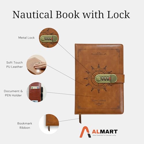 Image of A5 Secret Diary with 3 Digit Combination Lock Premium PU Leather Journal Personal Locked Notebook for Office School Gifts 22x15 cm Nautical