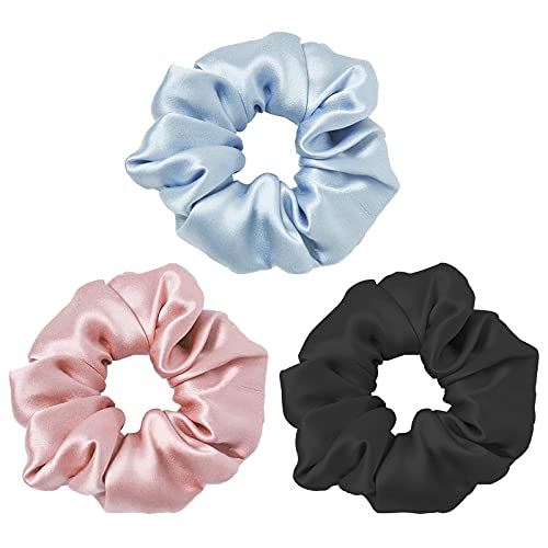 TIZZYT Hair Ties, 3 Pack Hair Scrunchies Hair Bands for Women Girls, Soft Satin Hair Elastics Hair Coils Accessories for Long Lasting Braids, Ponytails and More