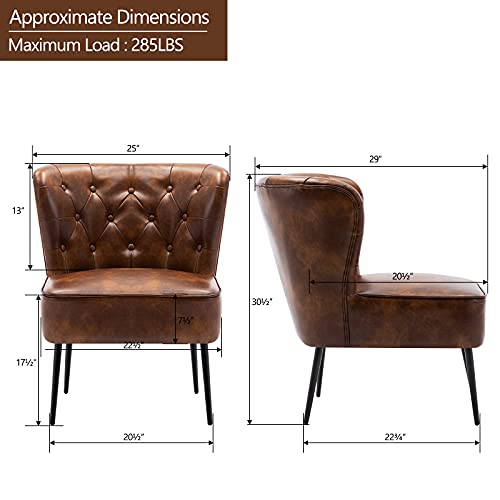 Duhome Accent Chair, Faux Leather Armless Upholstered Single Sofa Chair, Button Tufted Slipper Chair, Reading Chair, Reception Chair Vanity Chair with Back for Living Room Bedroom，Yellowish Brown - Thumbnail 3