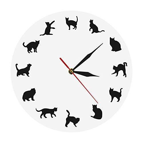 Reloj de pared maullido de gatos controlado por radio, gatitos, diferentes poses, decoración de la pared de la habitación de las niñas, silueta de gatos negros, amantes de los gatitos, reloj de pared