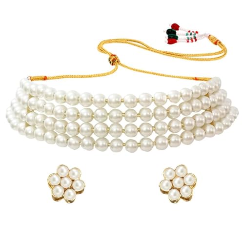 Aheli White Pearl Beaded Choker Necklace with Stud Earrings Gift for Women Indian Traditional Bollywood Bharatanatyam jewellery Set