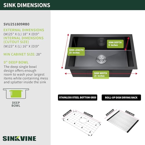 Image of 25-inch Black Undermount Kitchen Sink, SINKVINE Stainless Steel Single Bowl