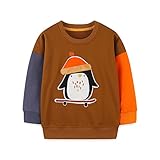 HILEELANG Toddler Boy Sweatshirts Brown Color Block Animal Penguin Crewneck Pullover Cotton Autumn Top Shirts 2T