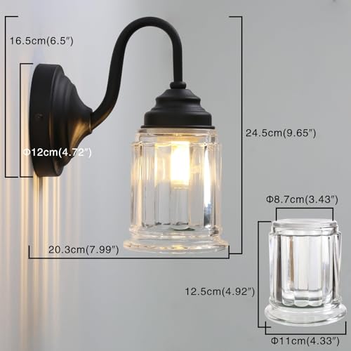 Permo 1-Light Industrial Gooseneck Wall Sconce Thicken Cylinder Striped Glass Lampshade Wall Lamp Bathroom Vanity Mirror Lighting Fixtures (Black) by PERMO - Image 8