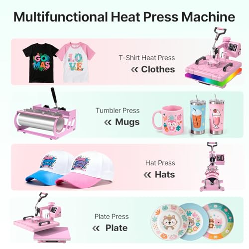 Image of Slendor Heat Press 15x15 Inch 5 in 1 Heat Press Machine with 30OZ Tumbler 360-Degree Swing Away Digital Multifunction Heat Transfer Sublimation Combo for T Shirts Mugs Hat Plate Cap, Pink
