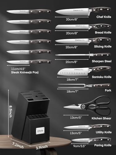 Juego de Cuchillos de Cocina 16 piezas, D.Perlla Cuchillos Cocina Profesional, Hecho de Alemán hoja de Acero Inoxidable | Bloque de Madera | Negro - imagen 3