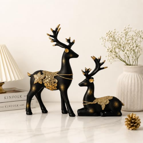 Image of eCraftIndia Resin Reindeer Showpiece for Home Decor Living Room (Pack of 2 Golden Black) | Vastu Feng Shui Items for Good Luck Gift for Housewarming Birthday
