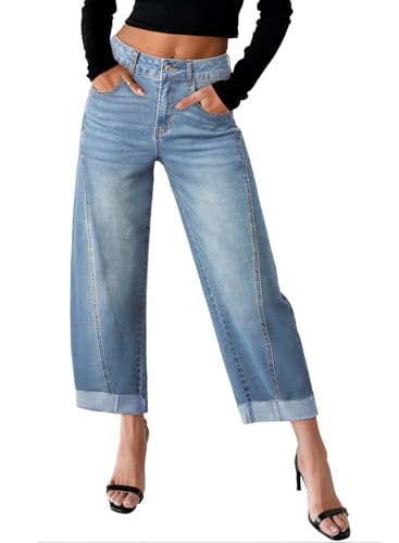 Image of Sidefeel Barrel Jeans for Women High Waisted Wide Leg Baggy Stretchy Trendy Raw Rolled Hem Capri Cropped Ankle Denim Pants