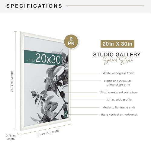 MCS Studio Gallery 20x30 Poster Frame White Woodgrain, Vertical & Horizontal Wall Hanging Large Picture Frame for Photos, Posters & Art Prints (2-Pack)