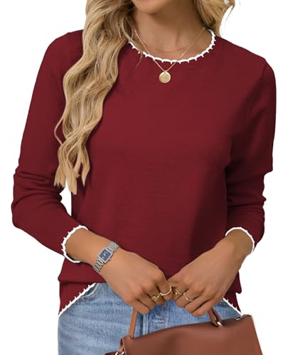 Kopinma Sweaters for Women Long Sleeve Crew Neck Ribbed Knit Pullover Color Block Sweater Cute Fall Tops 2025 Wine Red L