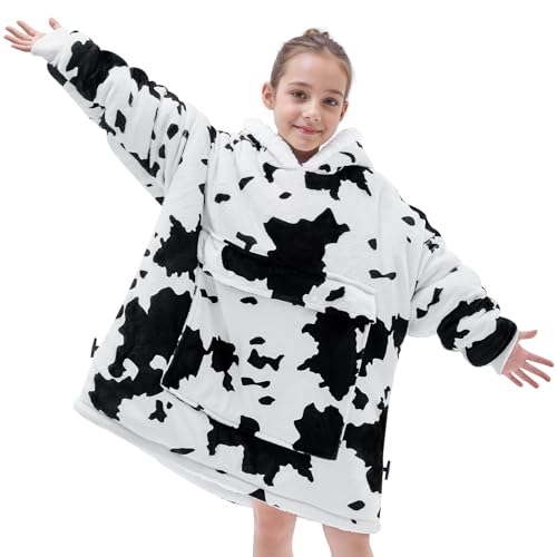 yescool Wearable Blanket Hoodie Kids, Oversized Blanket Sweatshirt with Sherpa Teen Girl Gifts for Kids, Youth, Boys, Girls, 8-15 Year Old Girl Boy Gift Warm Teen Wearable Blankets, One Size, Cow