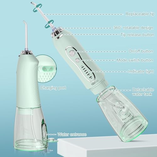 Image of H2ofloss Water Dental Flosser Teeth Pick -Portable Oral Irrigator with 5 Modes, Rechargeable IPX7 Waterproof Orthodontic Teeth Cleaner Pick Cordless for Home Travel-300ml Water Tank (Green)