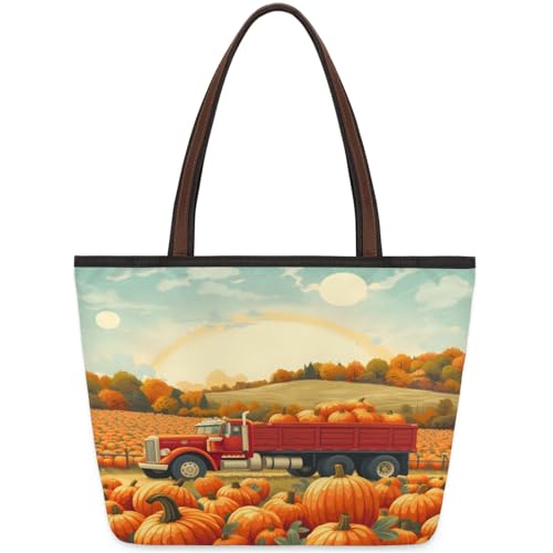 Truck Pumpkins Tote Bag Multi Pocket Zippered Beach Bag Lightweight Waterproof Handbag for Women Men Work Gym Travel Swimming Yoga Grocery Shopping L