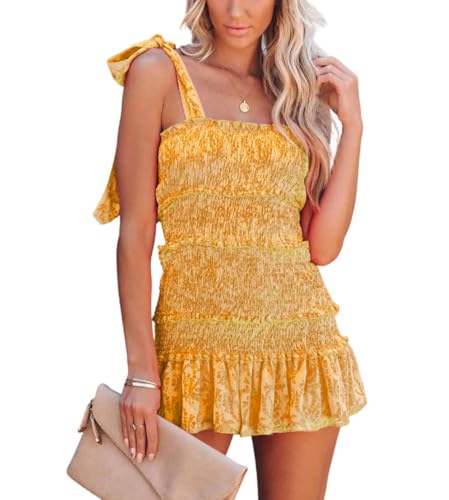 Image of yoeasy Women Spaghetti Floral Print Tiered Tie Slim Fit Short Dresses Summer Sleeveless Ruffle Smocked Mini Dress