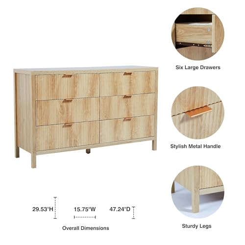 XUZENEST Fluted 6 Drawer Double Dresser for Bedroom, 47" Wide Modern Closet Dressers Chest of Drawers, Wood Storage Dresser Organizer for Nursery Bedroom Living Room Hallway Closet,Natural - Image 3