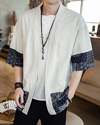 Image of Men's Japanese Kimono Cardigan Loose Cotton Linen 3 /4 Sleeve Open Front Casual Summer Shirt Jackets