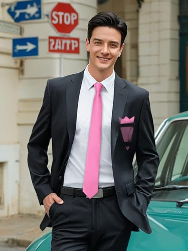 Image of Mantieqingway Black Tie Sets for Men Classic Solid Color Tie Handkerchief Pocket Square Holder Formal Graduation Wedding