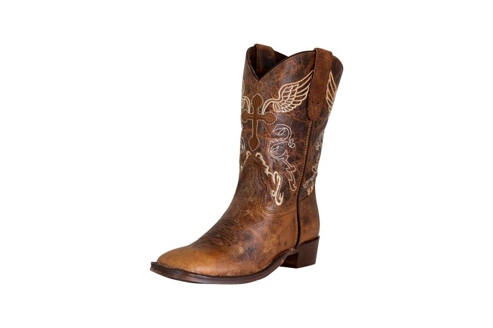 TuffRider Children Sequoia Cross &amp; Wing Embroidered Square Toe Western Boots-Brown-10