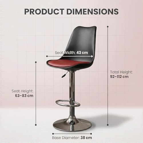 Image of activa Rapid Bar Stool Chair with Height Adjustable Design, Padded Seat & Footrest | Modern Metal Counter Stool for Kitchen, Home, Bar & Cafe Seating | Durable Comfort Chair (Black & Red, Set of 1)