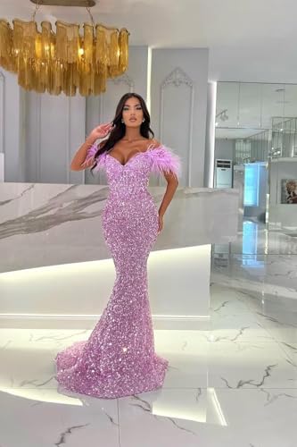 Image of Sequin Feathers Mermaid Prom Dresses 2026 Off Shoulder Sparkly Long Formal Evening Party Gowns with Train