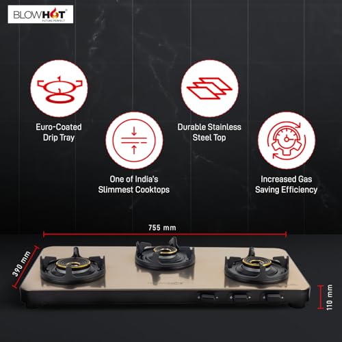 Image of BLOWHOT Premium Design ISI Certified Sapphire Gold Manual 3 Burner Slimmest Gas Stove | Stainless Steel Top | 5 Year Warranty By Blowhot On Burner and Gas Valve - Gold 5G
