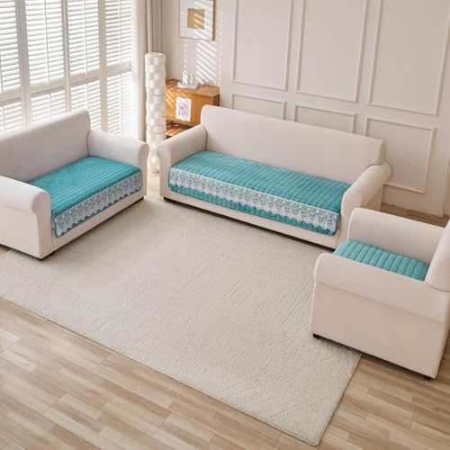 Image of HOKIPO 'BelleLace Series' 6 Seater Sofa Cover Mat in 3+2+1 Configuration | Imperial Milk Velvet with Lace Design | Teal (AR-5966+5964+5962-TEAL)