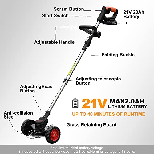 Cordless Grass Trimmer Weed Wacker, 3-In-1 String Trimmer Lawn Edger With 21V 2Ah Li-Ion Battery For Garden And Yard With Wheel, Lightweight Adjustable Height Weed Eater Tool(Black) #TOP1