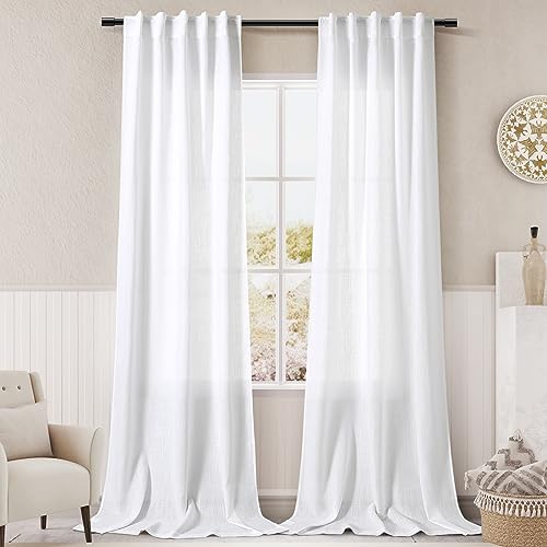 Image of Extra Long White Curtain 108 inches Long 2 Panels Set for Living Room Back Tab Modern Farmhouse Coastal Decor Cotton Textured Off White Sheer Linen Curtains 108 inch Length for Large Window 9 FT