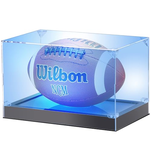 Acrylic Football Display Case with Adjustable LED Light,Autographed Football Holder Display Box Full Size,UV-Protective Glove Display Light Up Trophy Case, Led Sport Memorabilia Display Stand