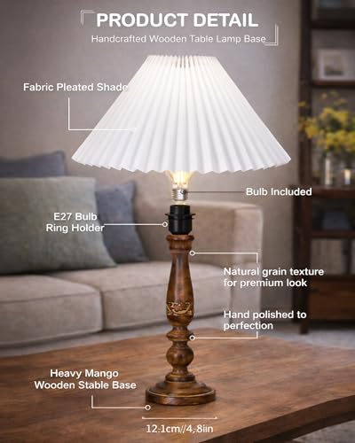 Image of Homesake Floral Carved Wood Table Lamp with Shade | Handcrafted Bedside Lamp, E27 Holder| Bulb Included |Warm Light Night Lamp, Bedroom, Living Room, Study & Home Decor, (Pleated White)