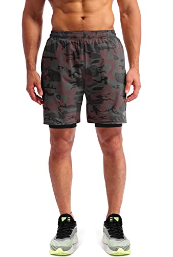 Image of Pudolla Men's 2 in 1 Running Shorts 5 inch Quick Dry Gym Athletic Workout Shorts for Men with Phone Pockets