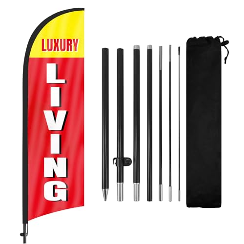 Luxury Living Feather Flag Kit - 8FT Premium Apartment Marketing Sign - Sleek Design for High-End Leasing, Condo Complexes & Modern Residences