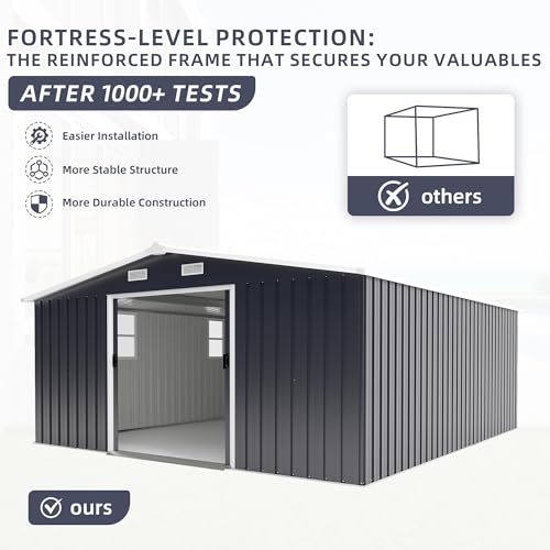 Image of KEIKI 10' x 12' Metal Garden Storage Shed with Foundation Kit, Double Door Outdoor Tool Shed with 2 Windows, Color Steel Construction, Dark Gray