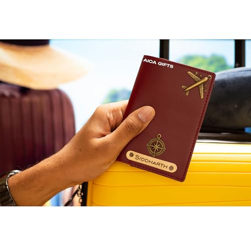 Image of AICA Personalised Name & Charm Leather Passport Cover Holder for Men & Women (Wine Color Passport Full Size) | Gifts for Women | Gift for Man | Return Gifts for Birthday | Passport Cover for Men(Wine)