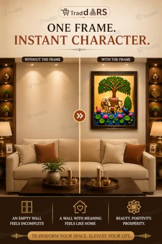Image of Kamadhenu Cow & Calf Wall Photo Frame with Tree of Life, Peacock & Lotus | 8 x 12 Inch(20.32 x 30.48 cm) Religious Wall Decor for Living Room, Pooja Room & Bedroom | Vastu Home Decoration | Housewarming Gift