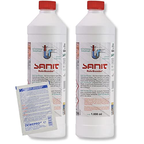 DEWEPRO-Set: SANIT RohrBombe (3066) - 2 Flaschen à 1000ml - Der alternative Rohrreiniger - säurefrei löst er Verstopfungen insbesondere verursacht durch Haare - inkl. 1 St. DEWEPRO Single Scrubs