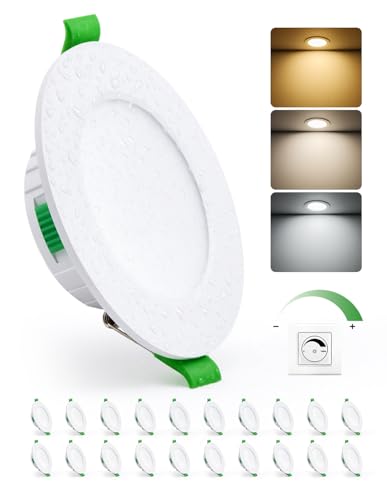 HOMEOW Faretti Led da Incasso per Cartongesso Dimmerabili 5W, Diametro Foro 68-80mm, 25mm Ultrasottili, IP44 Faretti Led Soffitto, Regolabile Calda 2700K, Neutro 4000K e Freddo 6000K, Set di 20