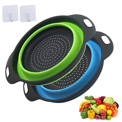 2 Pièces Passoire Pliable Silicone, Bleu et Vert, Colander Set, Portable Panier de Fruits, Économisez de l'espace de Cuisine, Facile à Nettoyer(28.5CM)