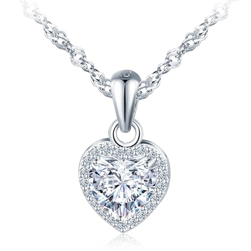 Image of MICSAVI 925 Sterling Silver Cubic Zirconia Necklace, Round/Heart/Drop/Square/Oval Shape Zircon Pendant Surrounded by Clear Stones, CZ Necklaces Jewellery for Women Girls