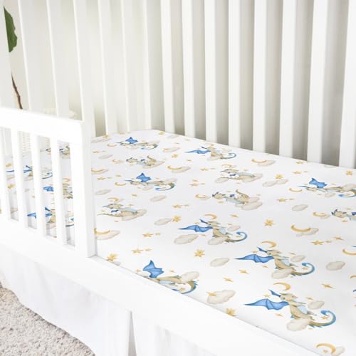 Image of Cartoon Fairy Tale Dragon Moon Stars Clouds Baby Crib Sheets 52''x28'' Watercolor Dragons Stretchy Fitted Crib Mattress Cover for Boy Girl Soft Bed Sheet for Standard Crib and Toddler Mattress